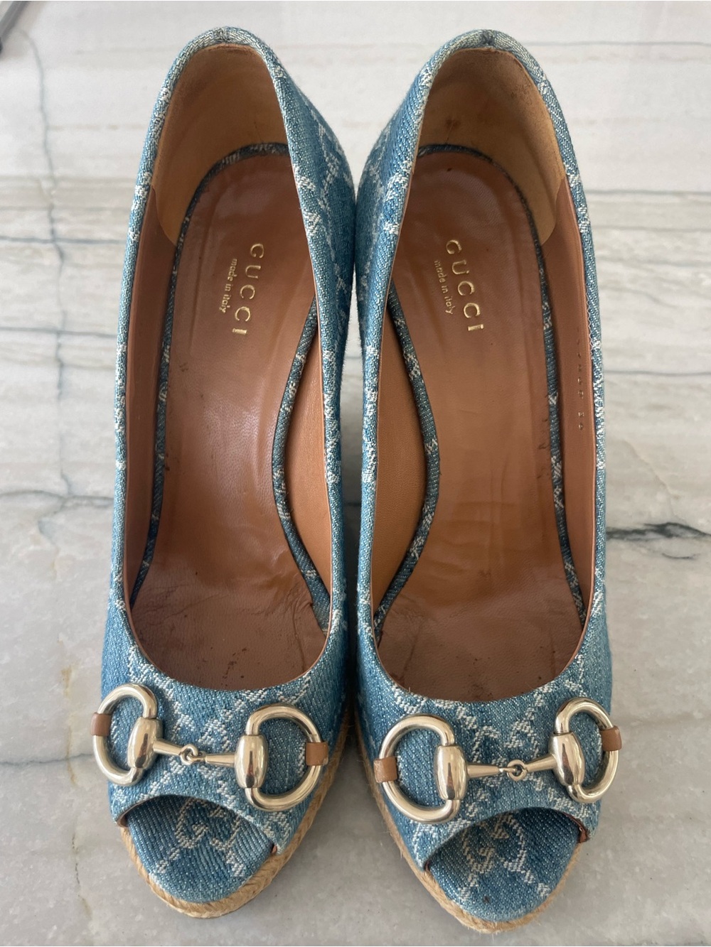 Gucci Blue Denim Horsebit Peep-Toe Wedge Pumps